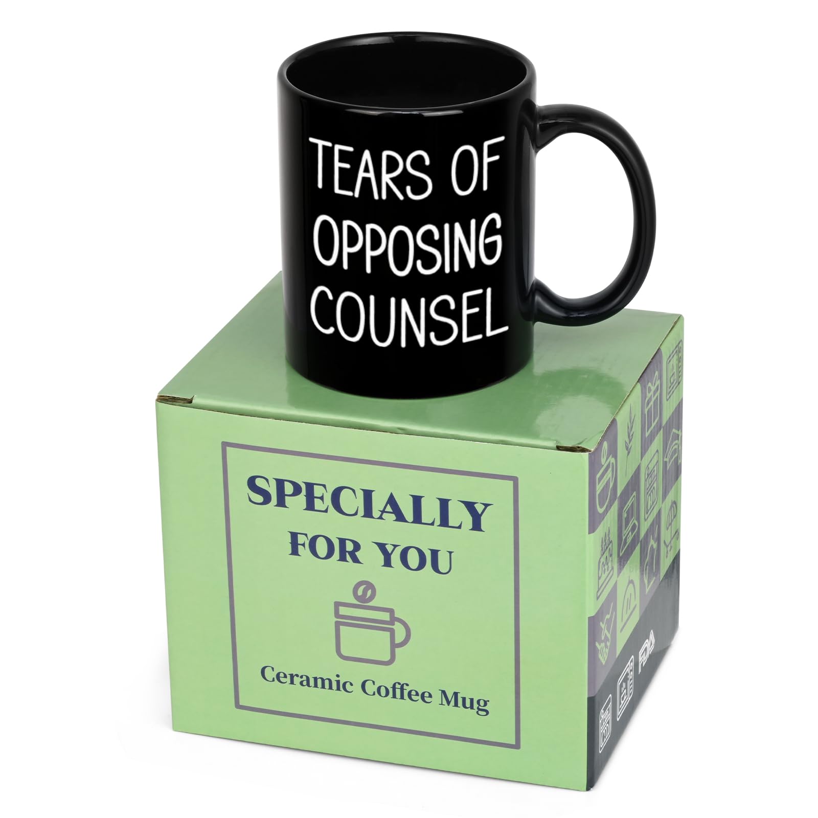Maustic Tears of Opposing Counsel mug gift-ready packaging for graduations.