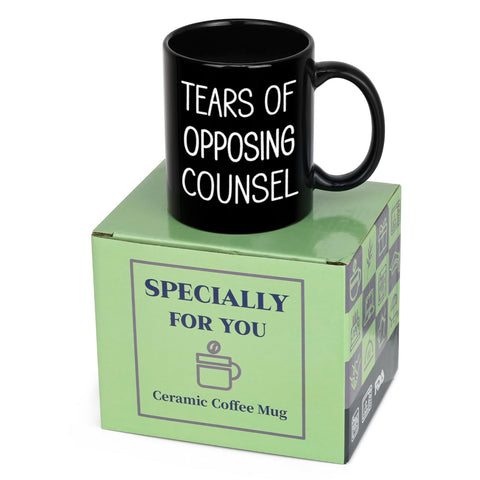 Maustic Tears of Opposing Counsel mug gift-ready packaging for graduations.