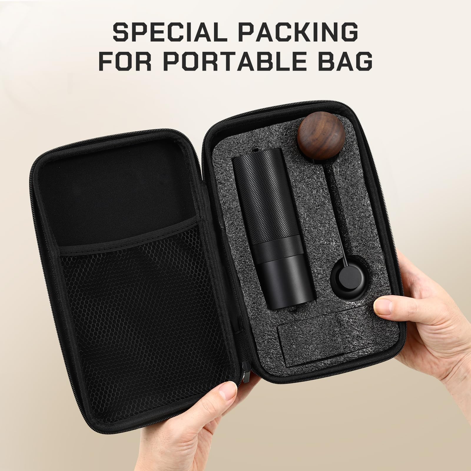 MAVO grinder in hand, suitable for portable camping coffee setup