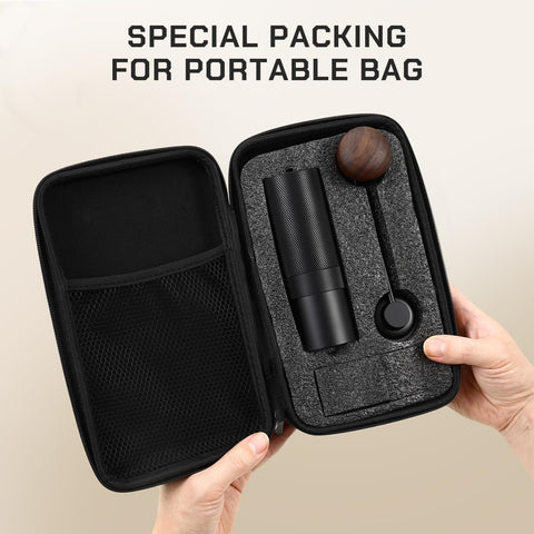 MAVO grinder in hand, suitable for portable camping coffee setup