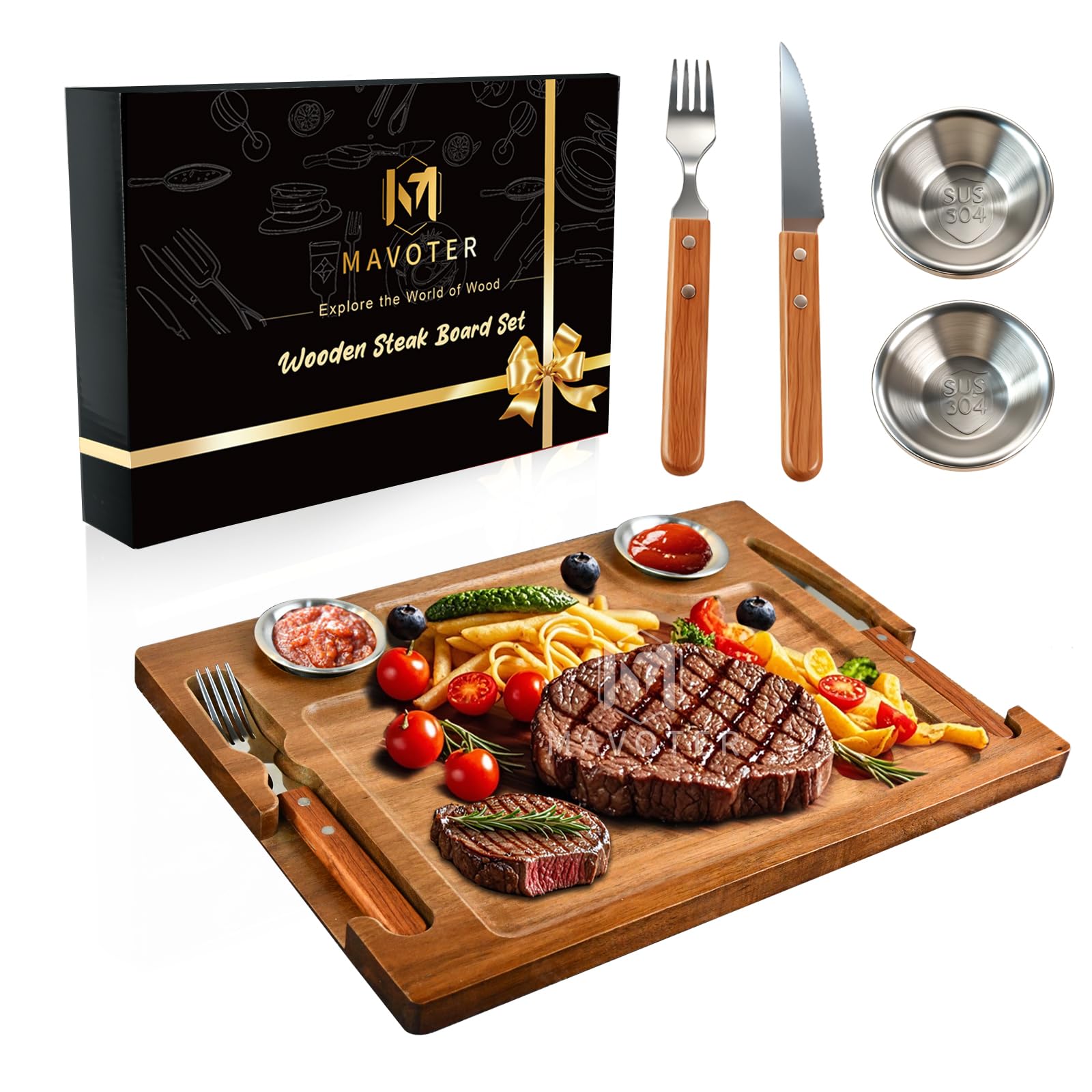 MAVOTER Acacia steak board with full set for restaurant-style steak nights at home