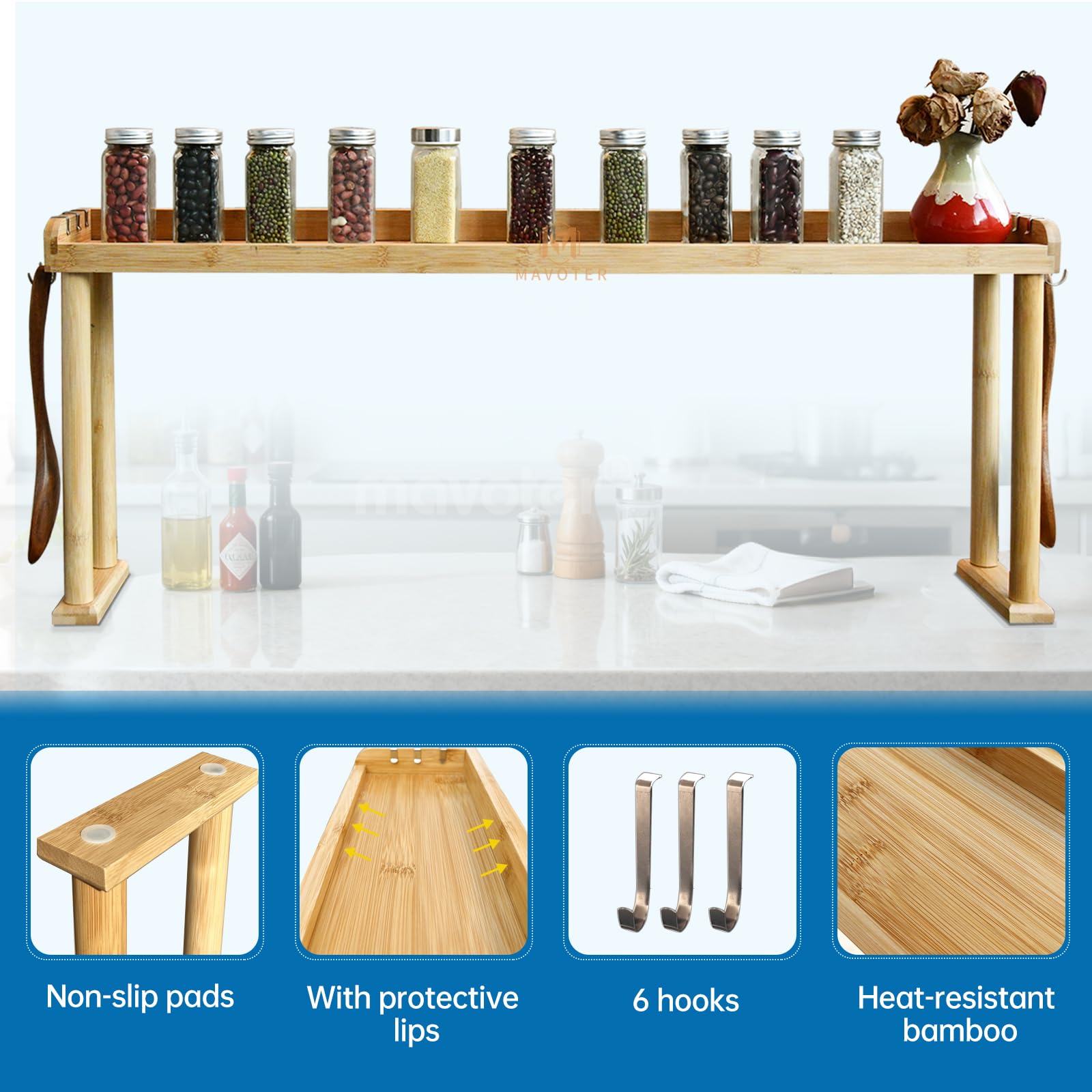 MAVOTER bamboo rack with non-slip pads fits flat stove tops securely.