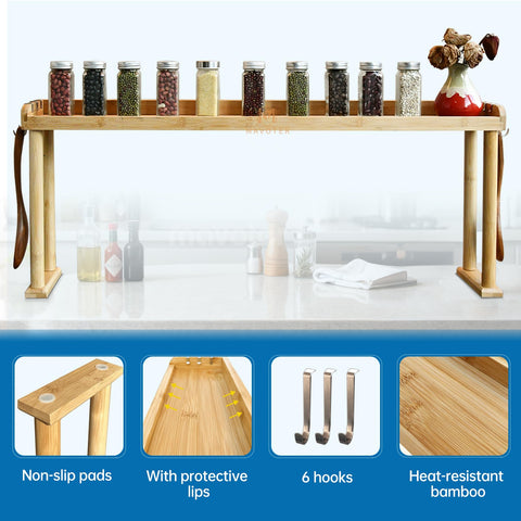 MAVOTER bamboo rack with non-slip pads fits flat stove tops securely.