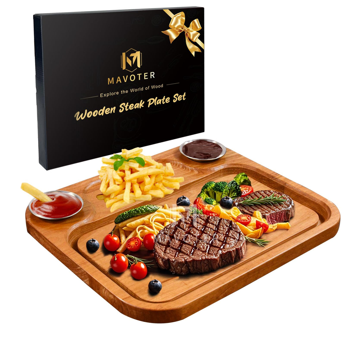 MAVOTER wooden steak plates with juice groove for clean serving