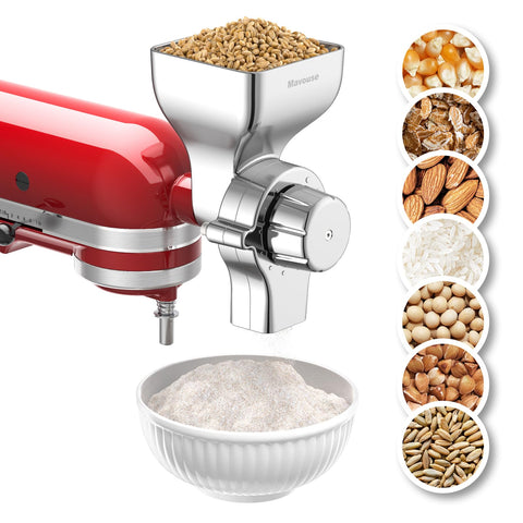 Mavouse all-metal grain mill attachment close-up showing durable construction for grain grinding.