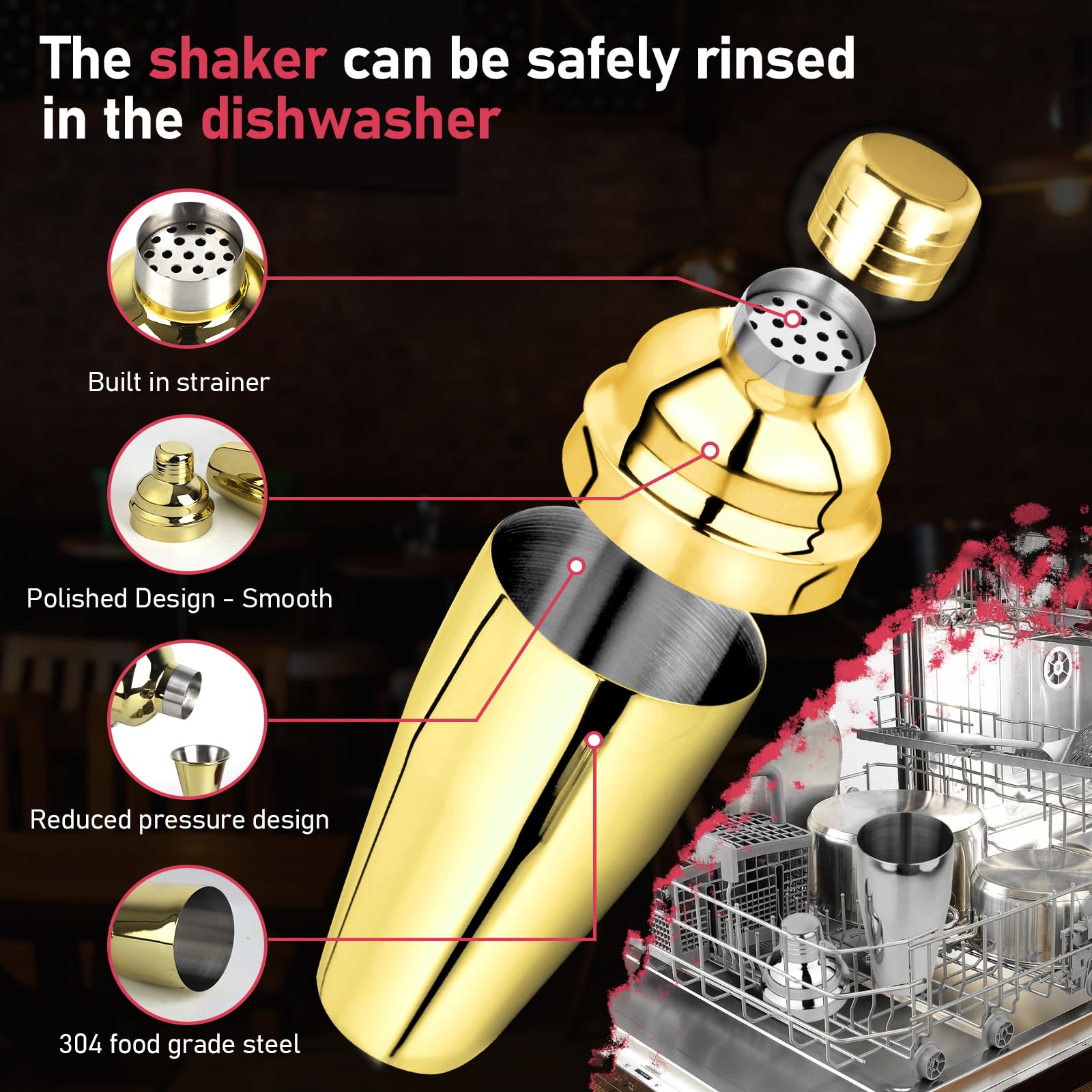 Mawisek gold 3-in-1 design close-up showing built-in measuring and jiggers
