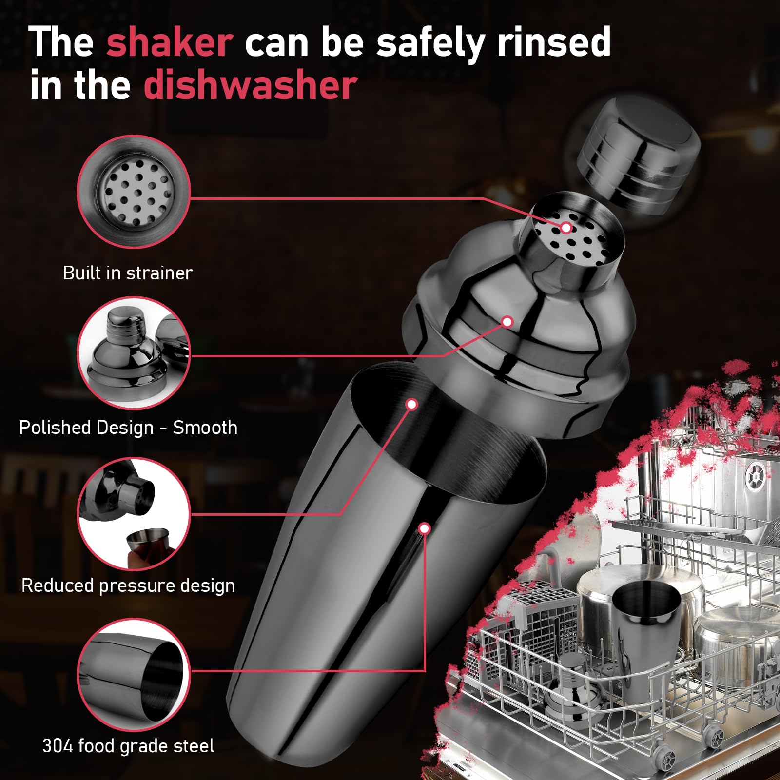 Mawisek martini shaker with measuring jigger for precise pours and classic cocktails.