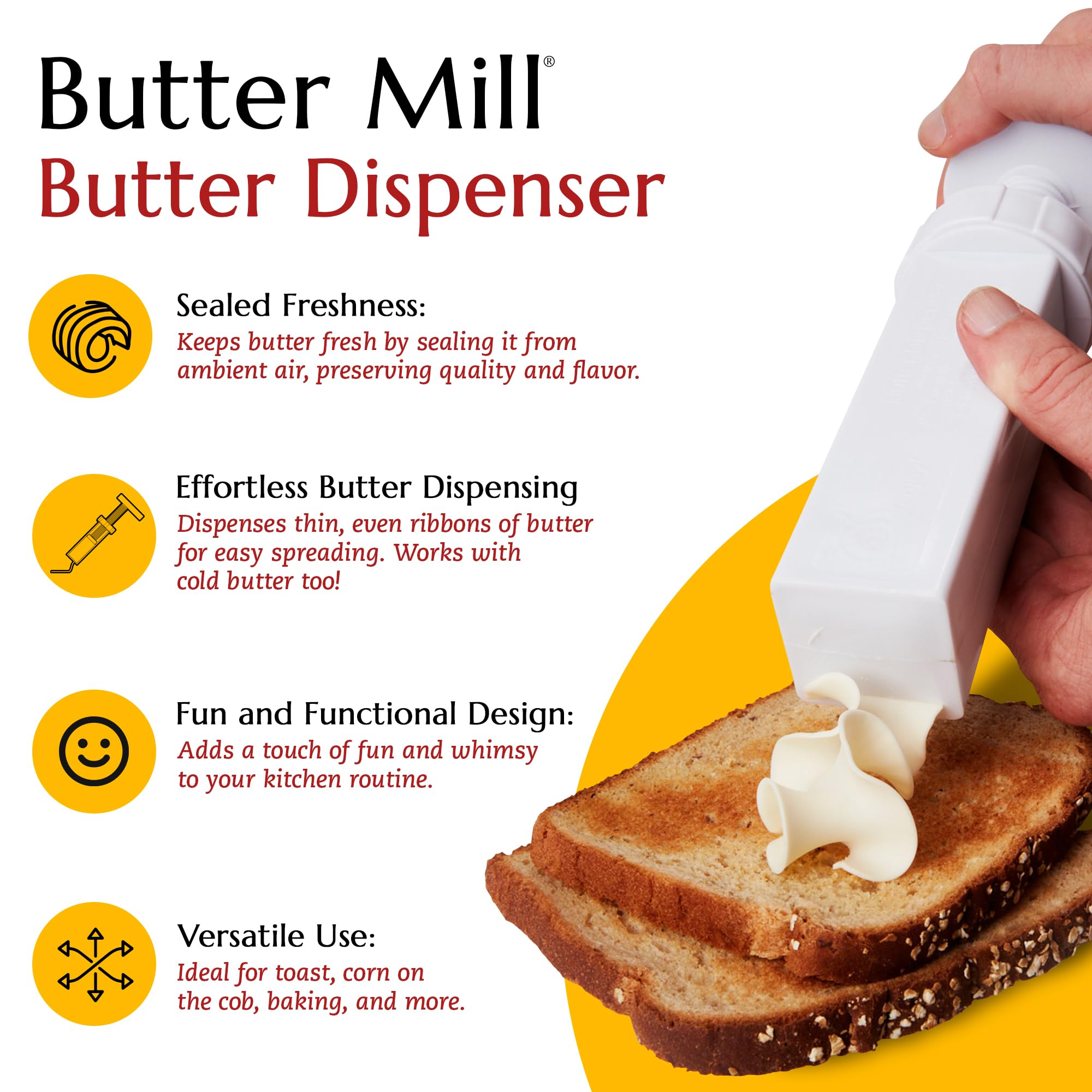 MAX SPACE Butter Mill Dispenser spreads thin ribbons, perfect for decorative breakfasts.