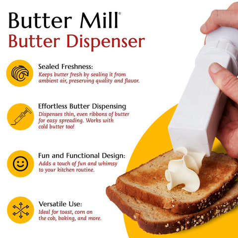 MAX SPACE Butter Mill Dispenser spreads thin ribbons, perfect for decorative breakfasts.