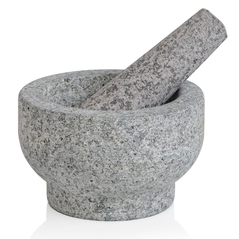 Maxam grey mortar and pestle close-up, sturdy granite for grinding spices.