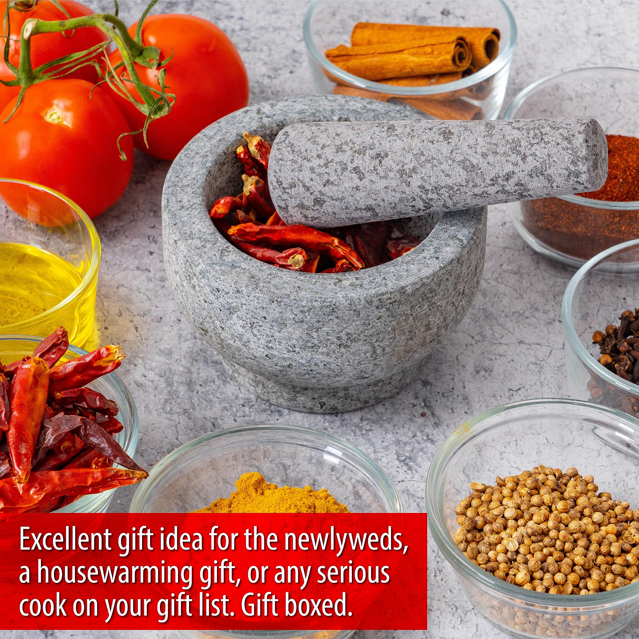 Maxam heavy granite mortar provides stability during grinding tasks.