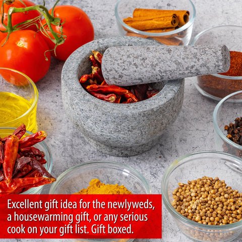 Maxam heavy granite mortar provides stability during grinding tasks.