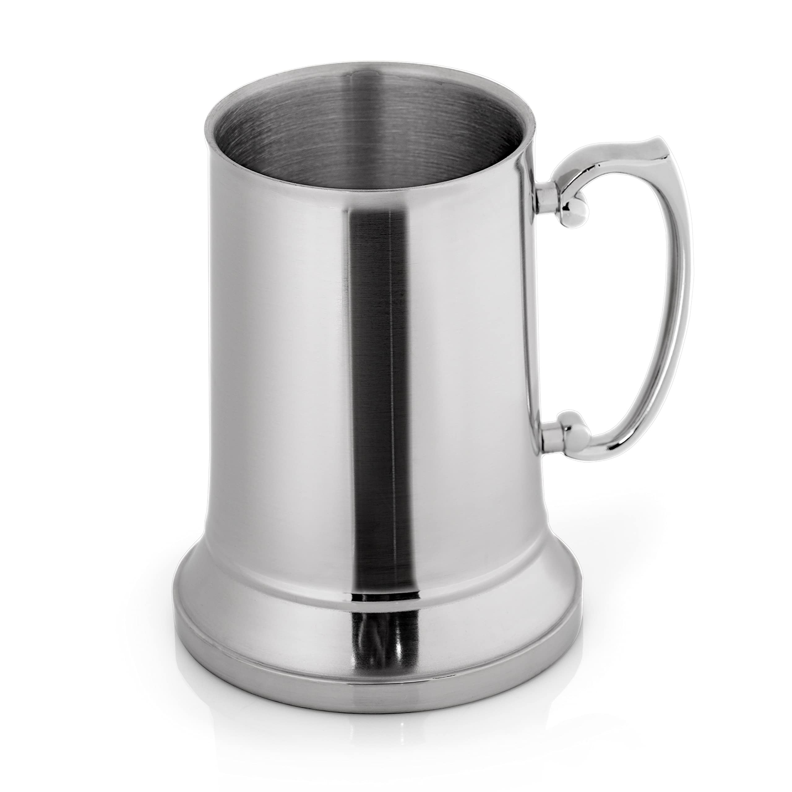 Maxam stainless steel tankard mug close-up highlighting durable satin finish for cold pours.