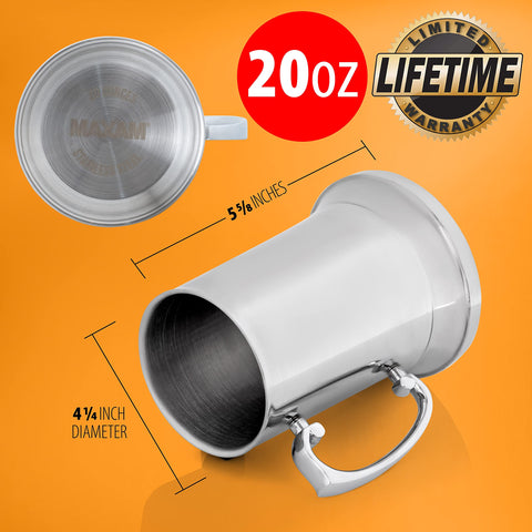 Maxam 20 oz beer mug on table with polished steel and classic tankard shape.