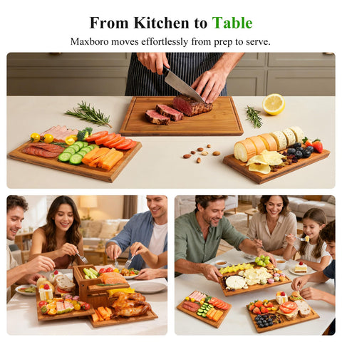 Maxboro cutting board with juice groove catches liquids during slicing.