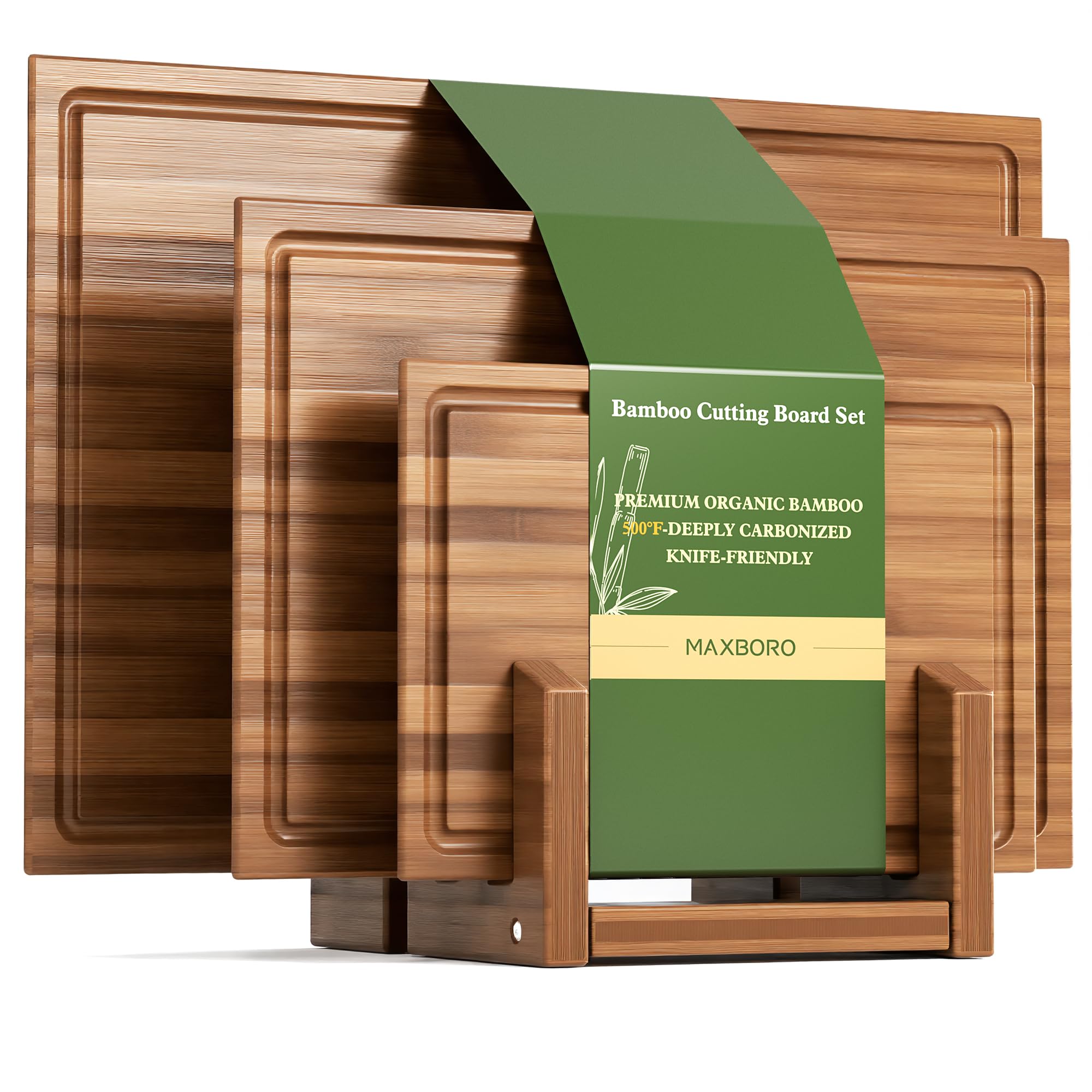 Maxboro bamboo cutting board set with stand for organized counter display and air drying.