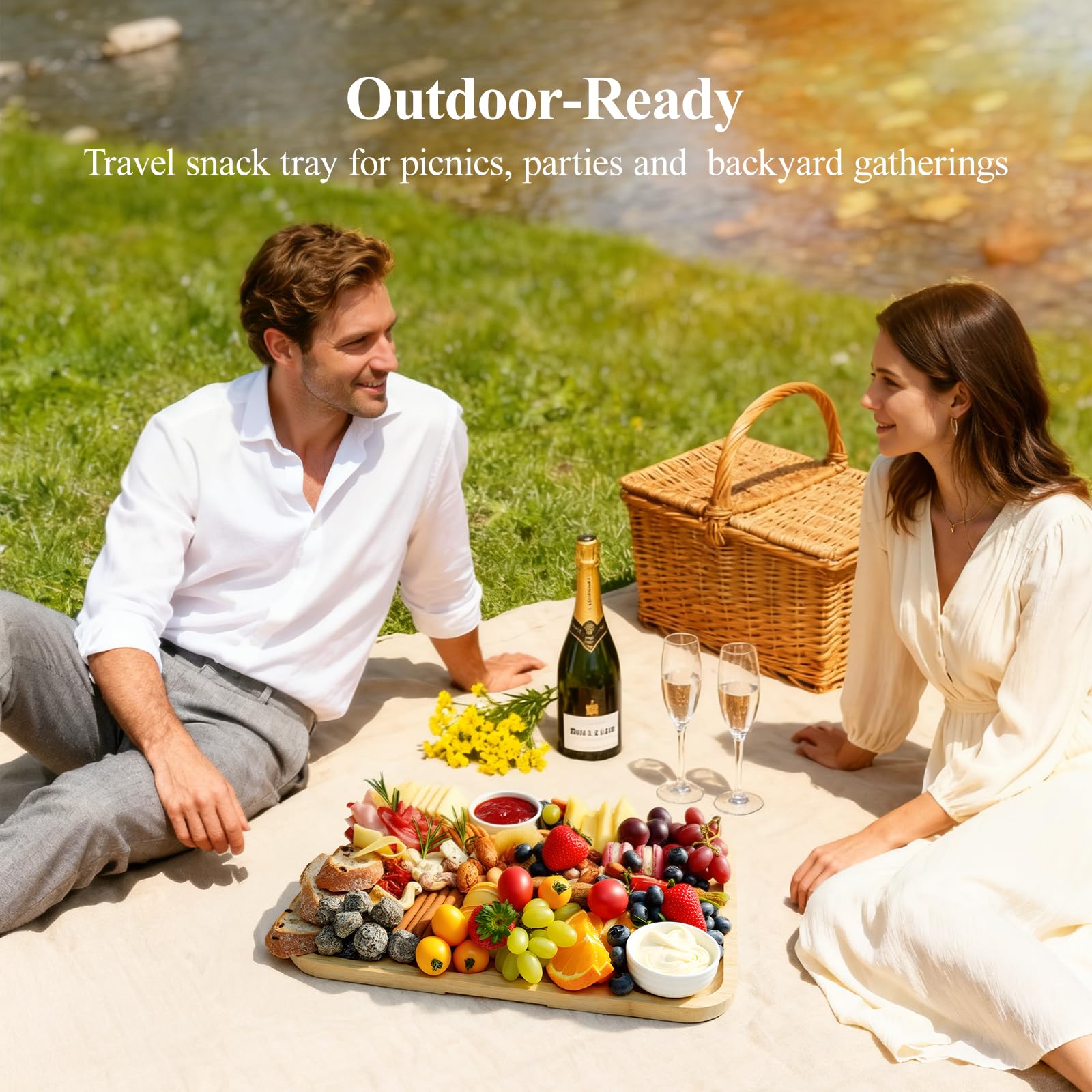 Maxboro charcuterie-board eco bamboo material highlights durability and easy care.