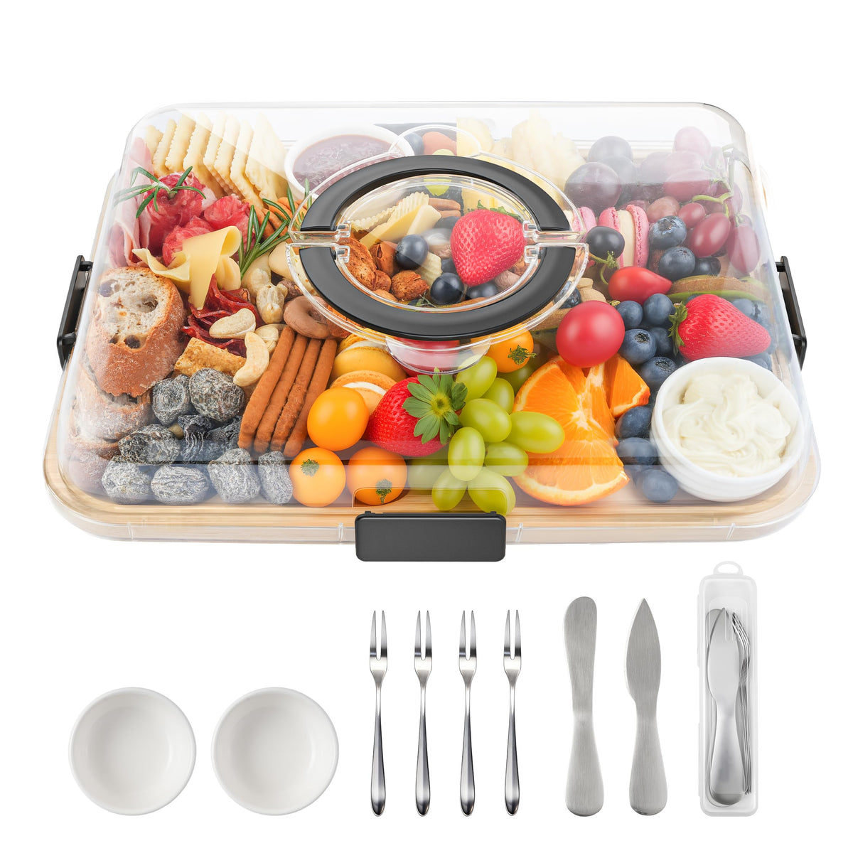 Maxboro charcuterie board with lid and handle ideal for portable entertaining.