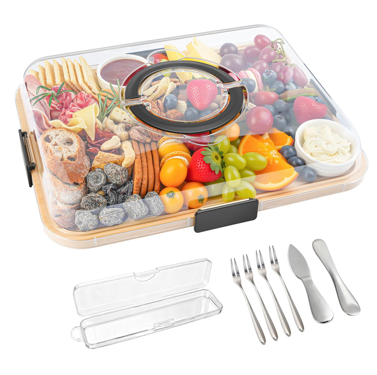 Maxboro Charcuterie Board with Lid shows secure locking clips for fresh transport.