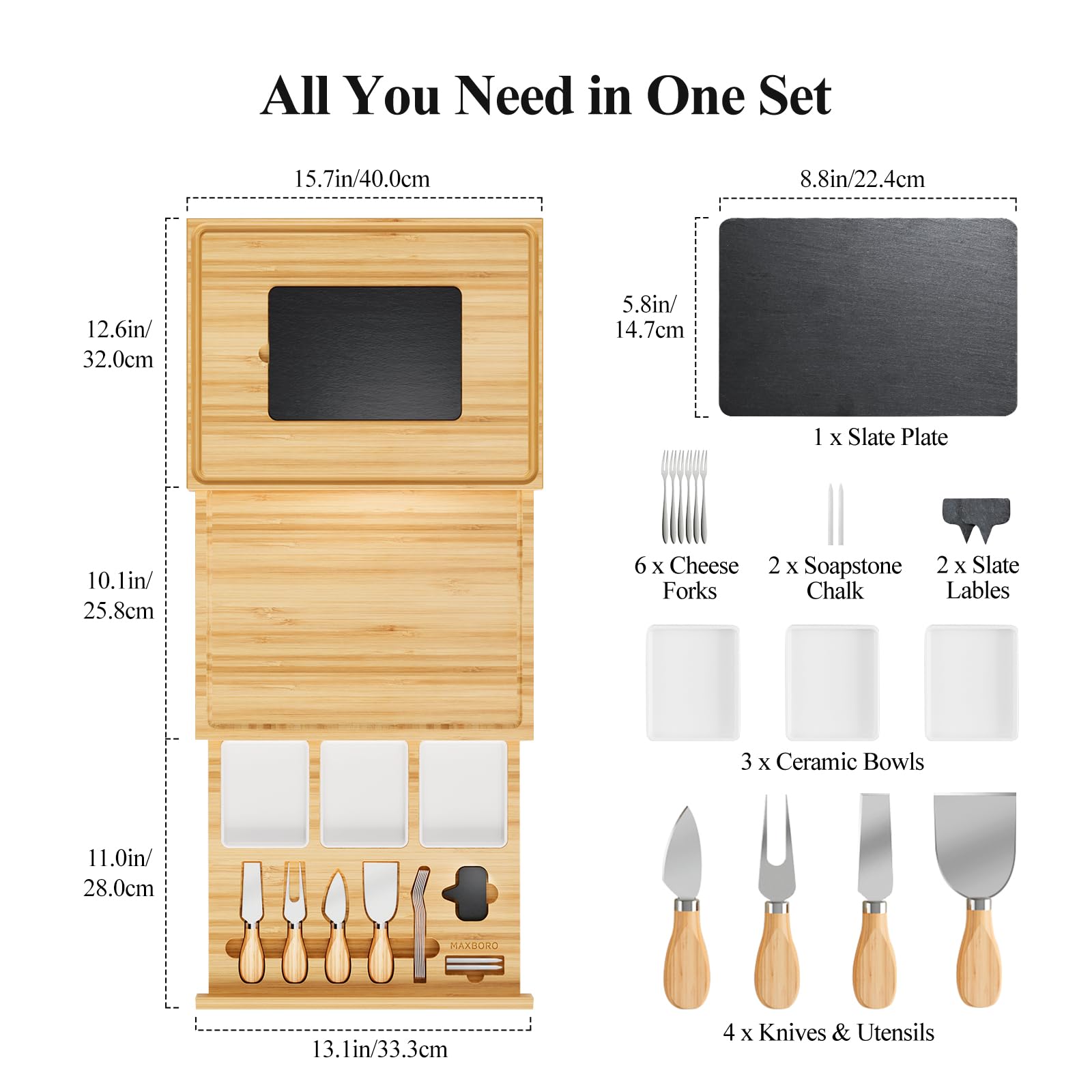 Maxboro knife set with 18 accessories for prep and presentation