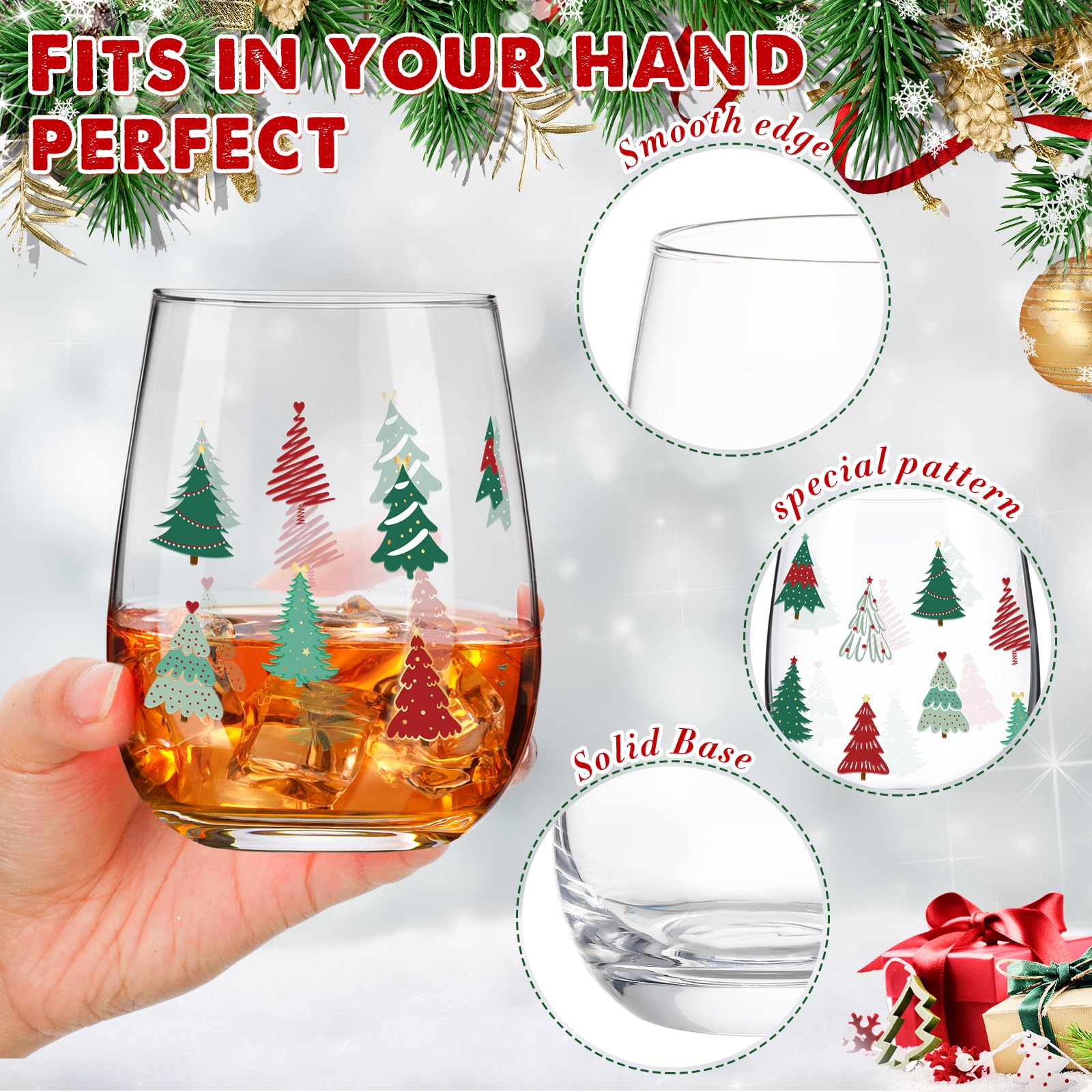 Maxcheck 17 oz glass showcasing Christmas tree motif for festive drinks