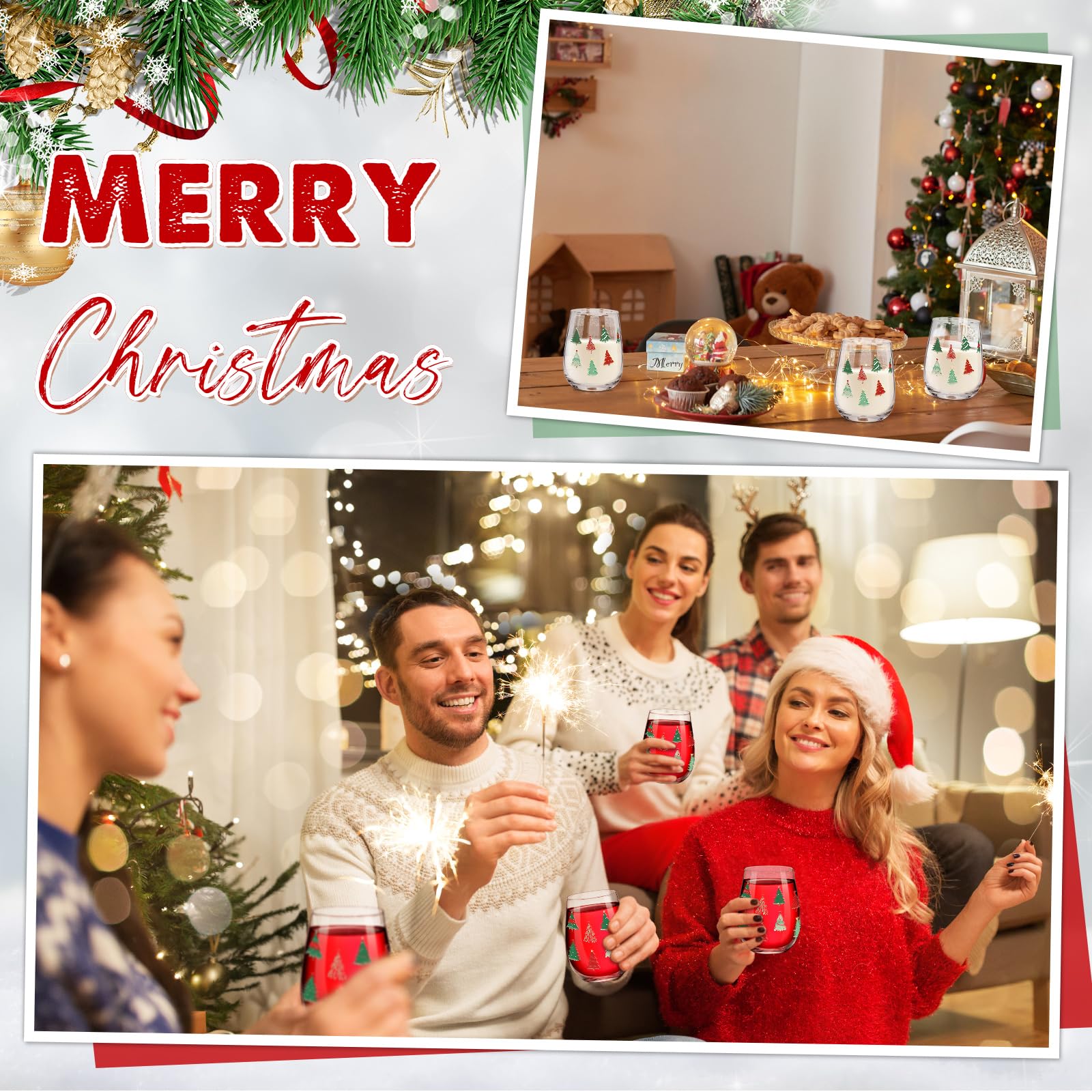Maxcheck stemless wine glass with holiday tree design enhances table decor