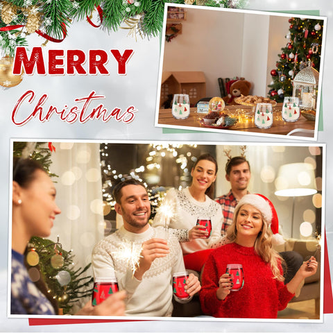 Maxcheck stemless wine glass with holiday tree design enhances table decor
