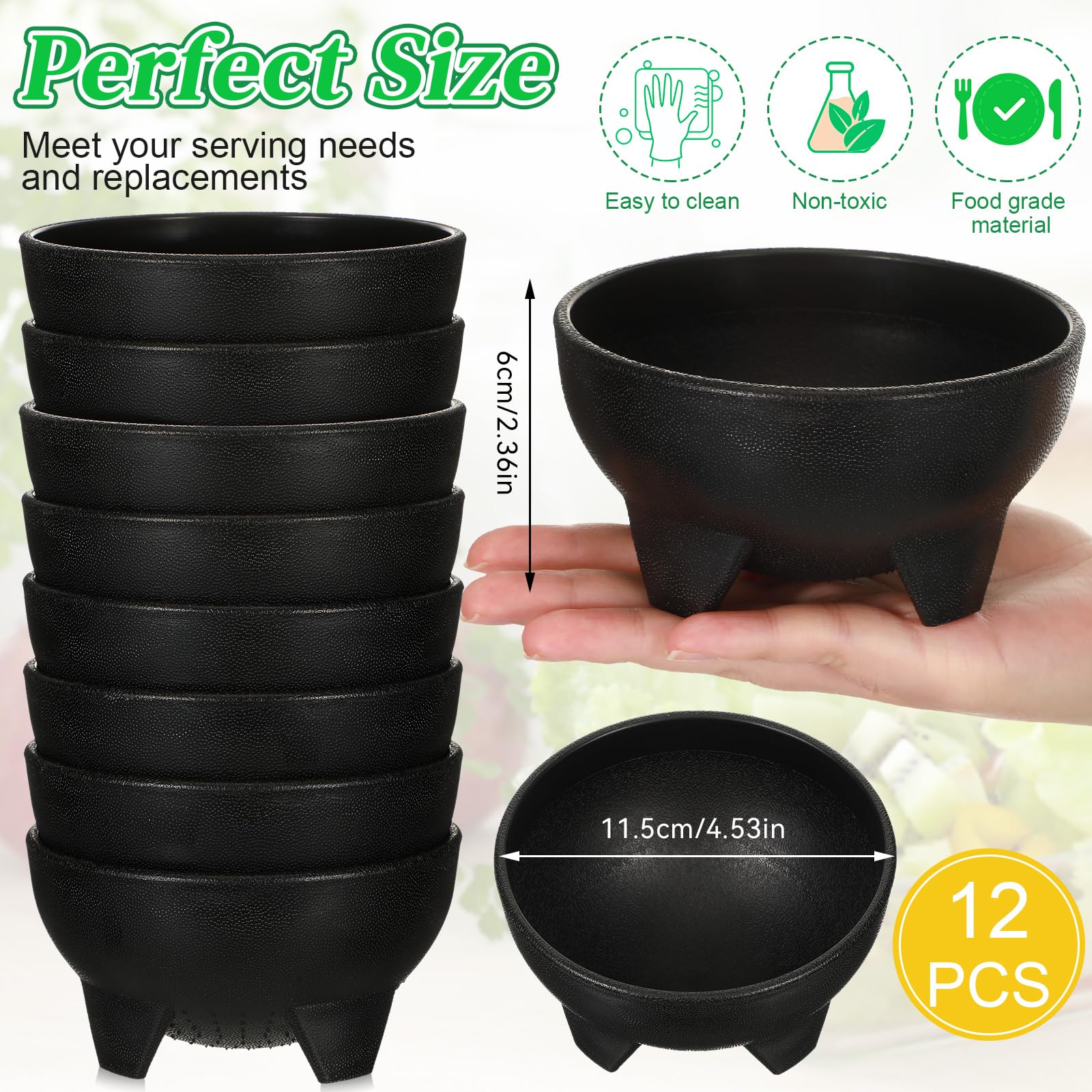 Maxcheck salsa bowls closeup shows durable black plastic and sleek shape.