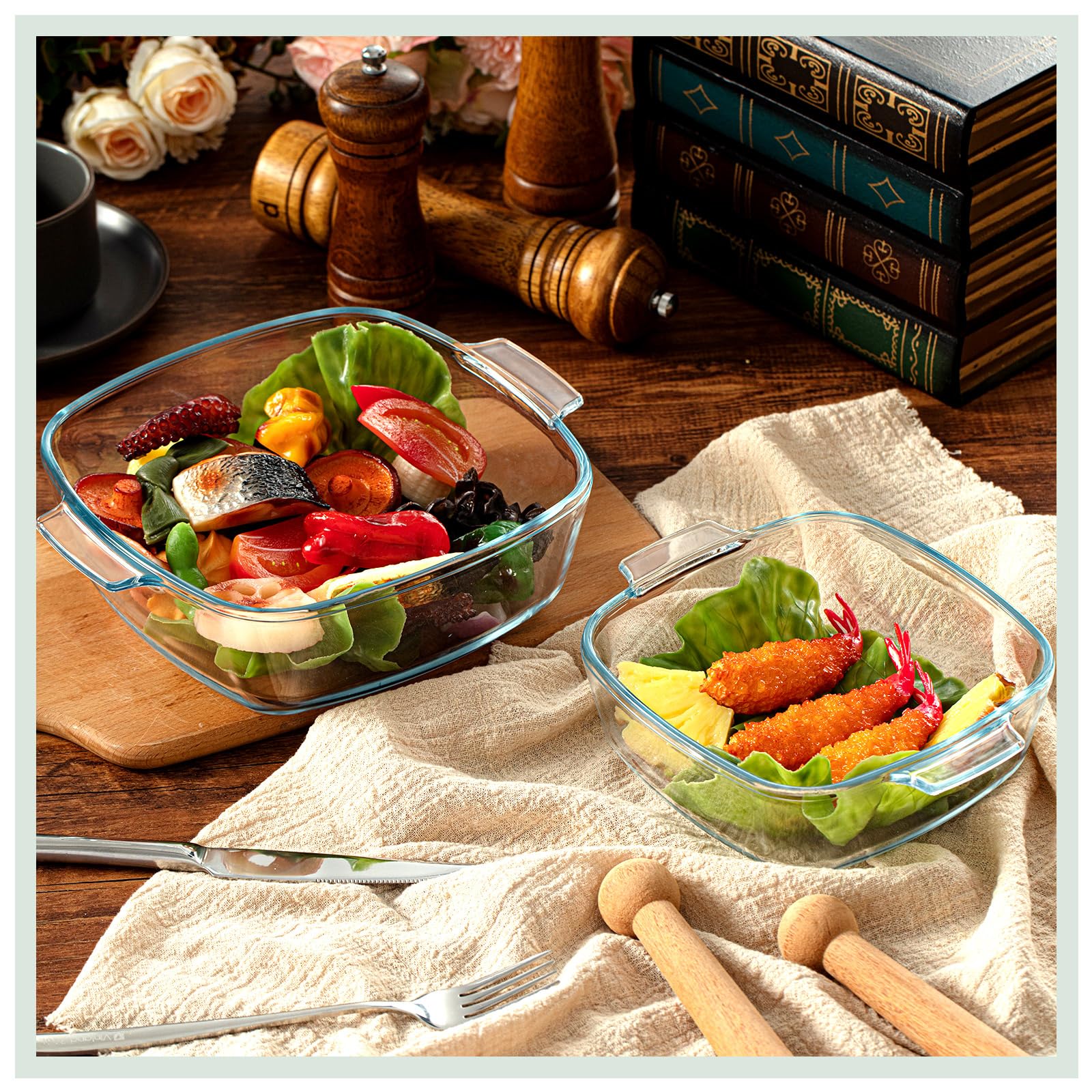 Maxcheck oven-ready square casserole in use for baking and serving.
