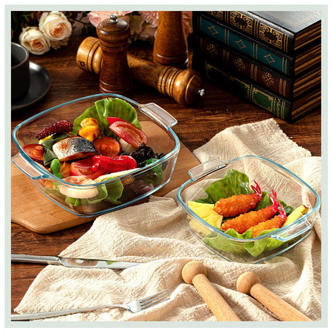 Maxcheck oven-ready square casserole in use for baking and serving.