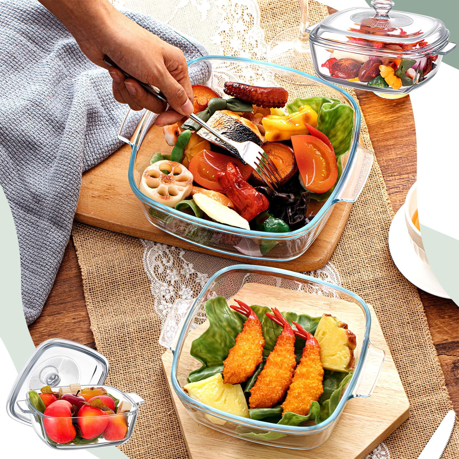 Maxcheck square casserole on table ready to serve small portions.