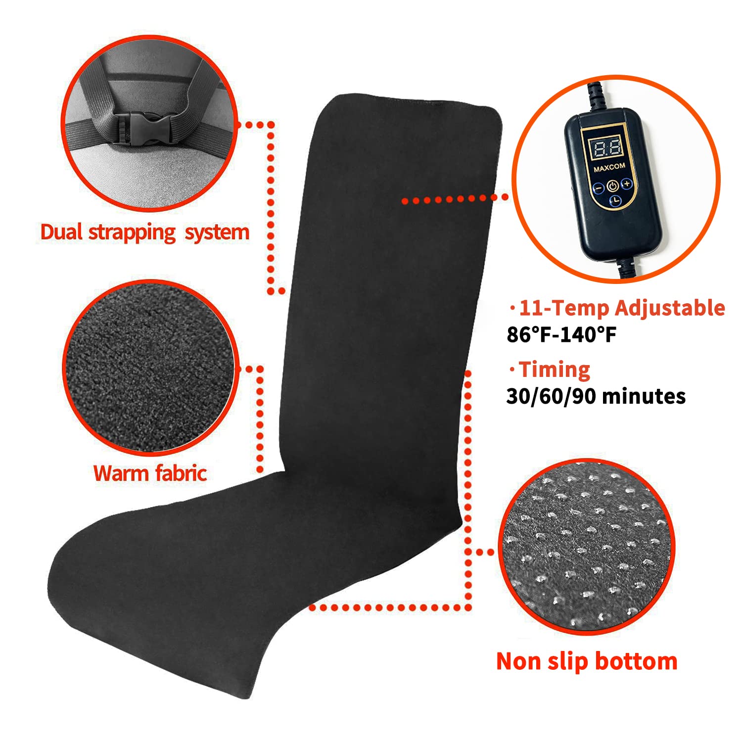 MAXCOM heated seat cushion with temperature control panel for personalized warmth.