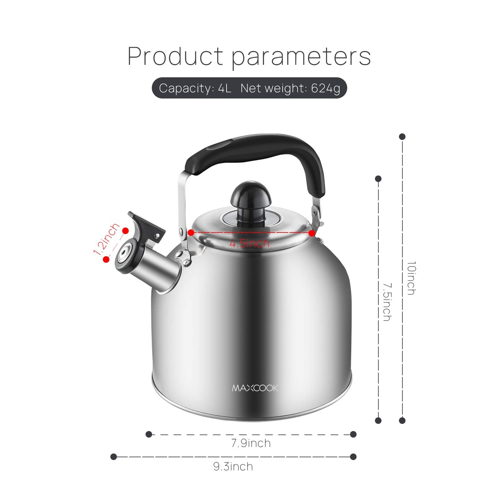 MAXCOOK encapsulated-base kettle heats evenly for quicker boiling.