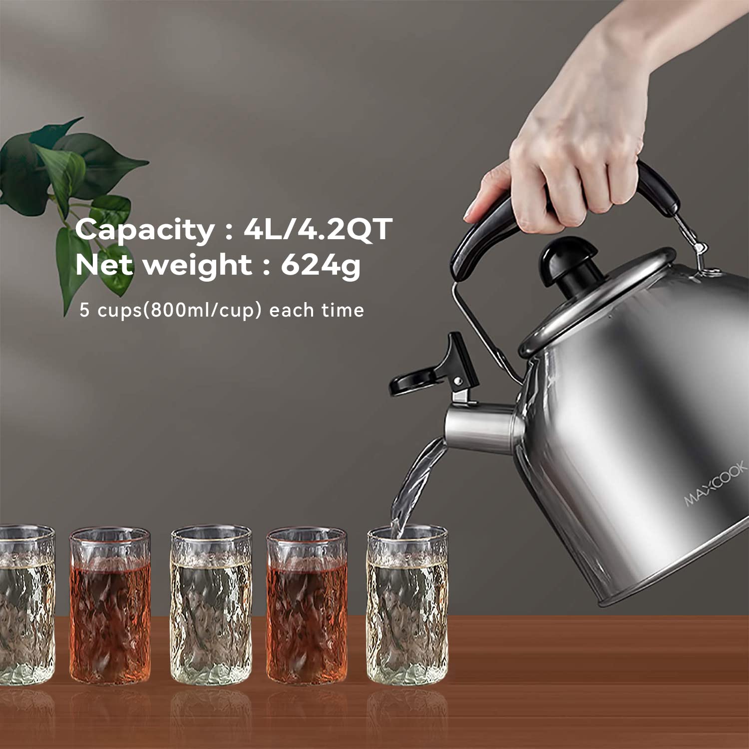 MAXCOOK whistle kettle emits a gentle alert when water boils.
