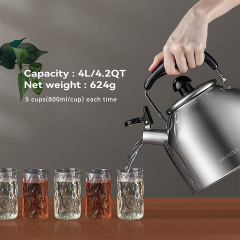 MAXCOOK whistle kettle emits a gentle alert when water boils.