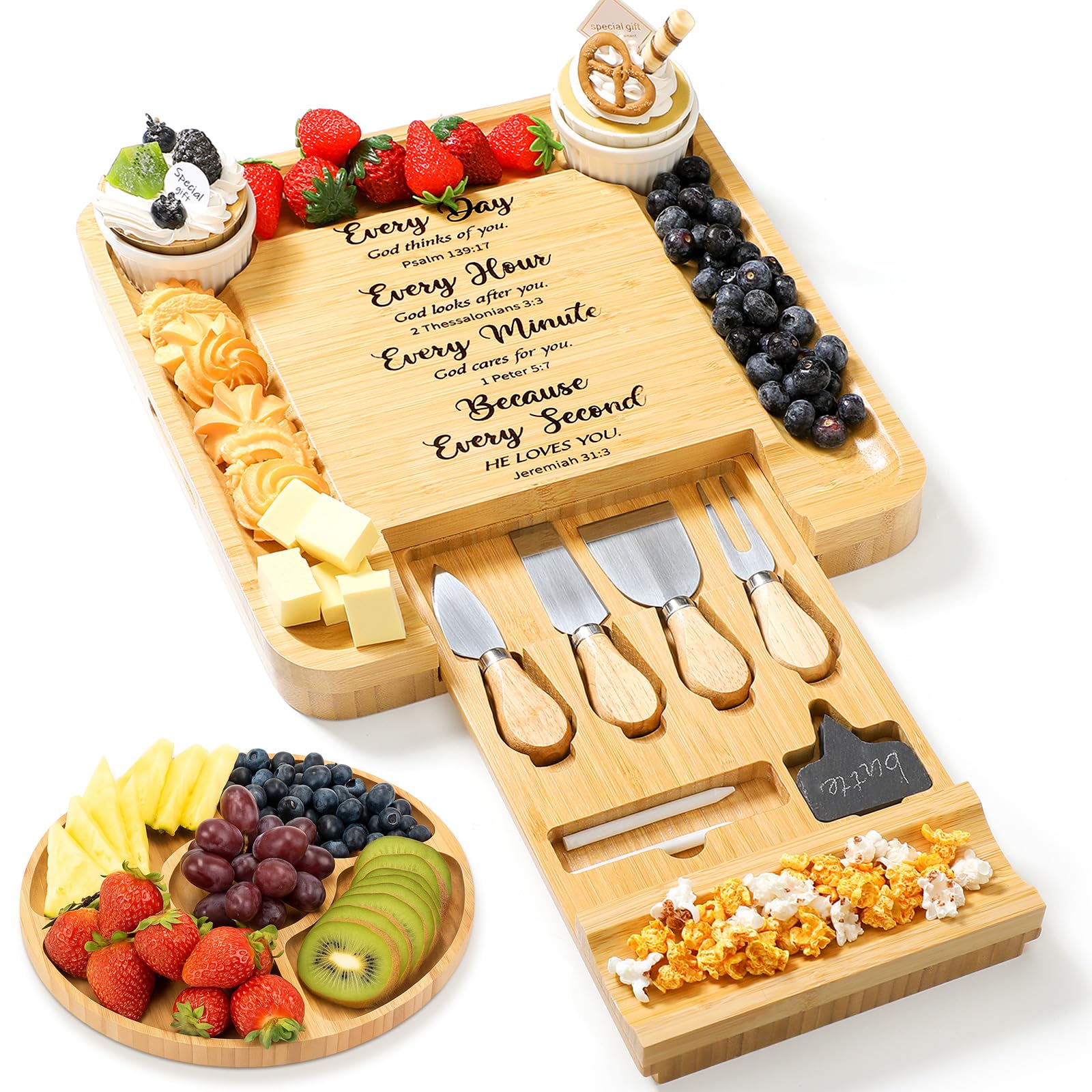 Maxdot Christian engraved charcuterie board on natural bamboo for stylish entertaining