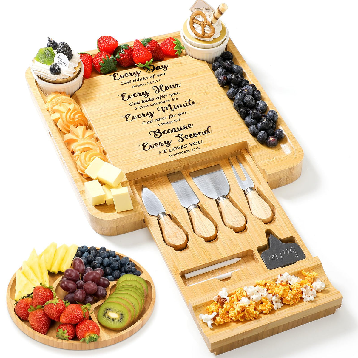 Maxdot Christian engraved charcuterie board on natural bamboo for stylish entertaining