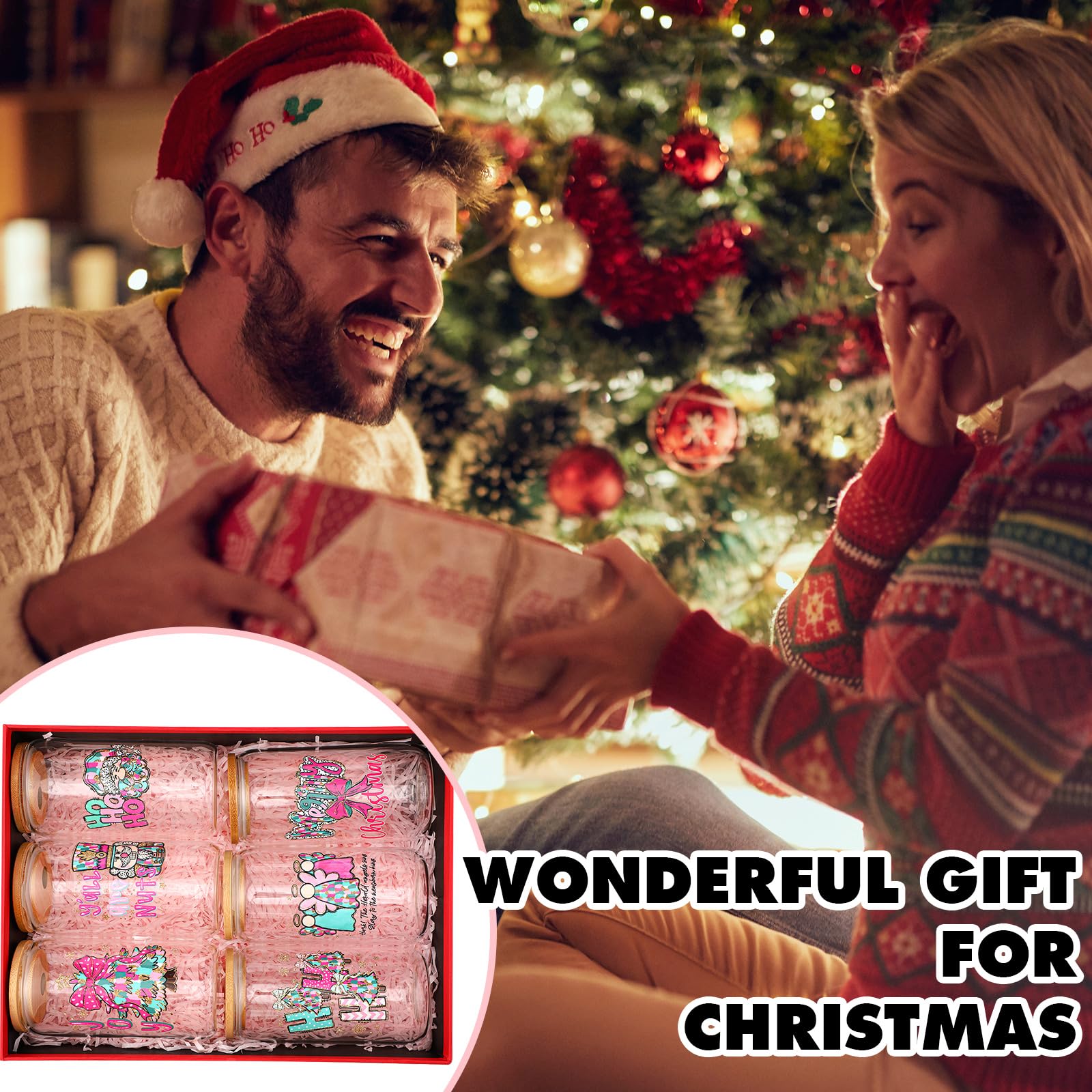 Maxdot pink Christmas glass cup with lid and straw, easy to clean and reuse