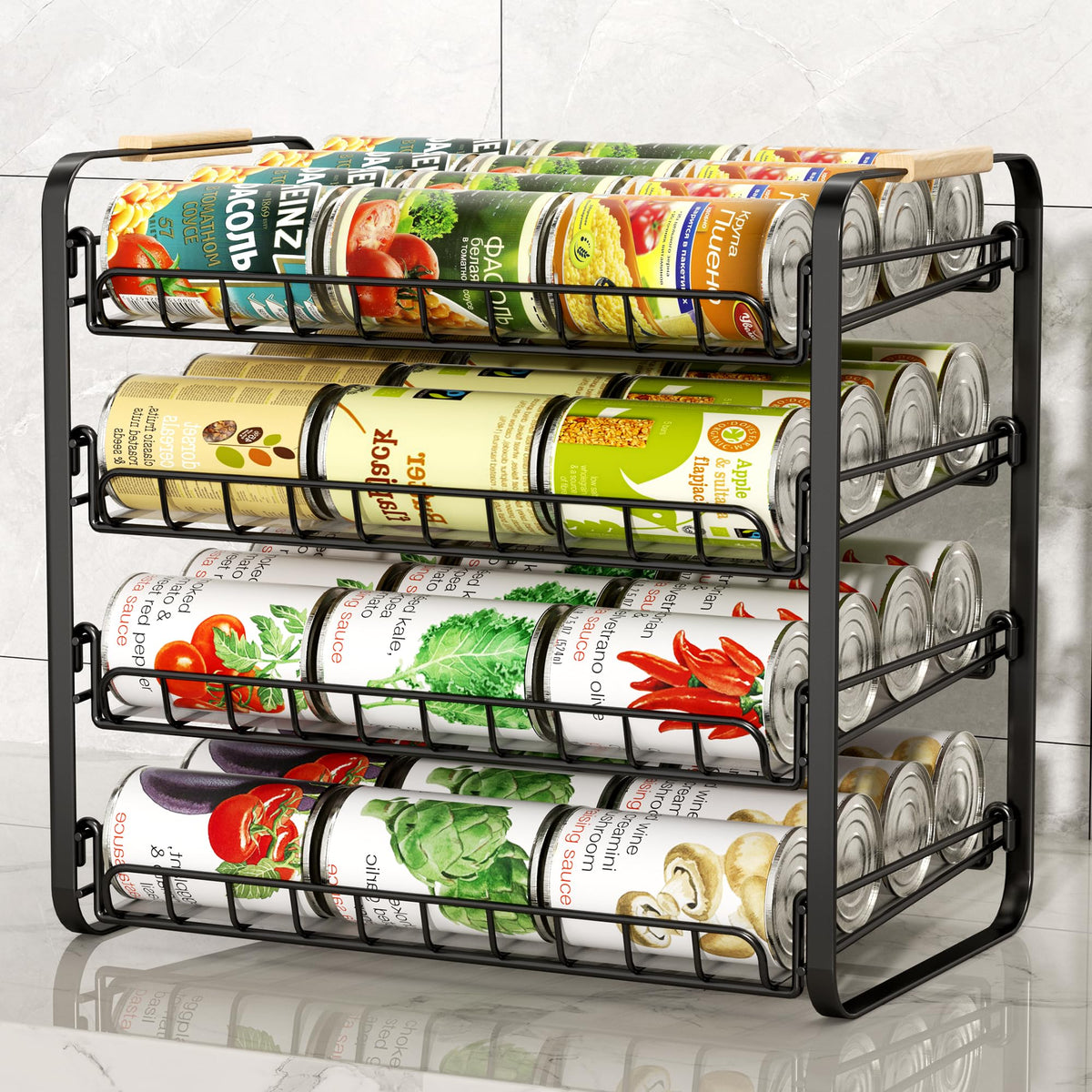 MAXIFFE four-tier can organizer front view showing compact metal design for pantry storage