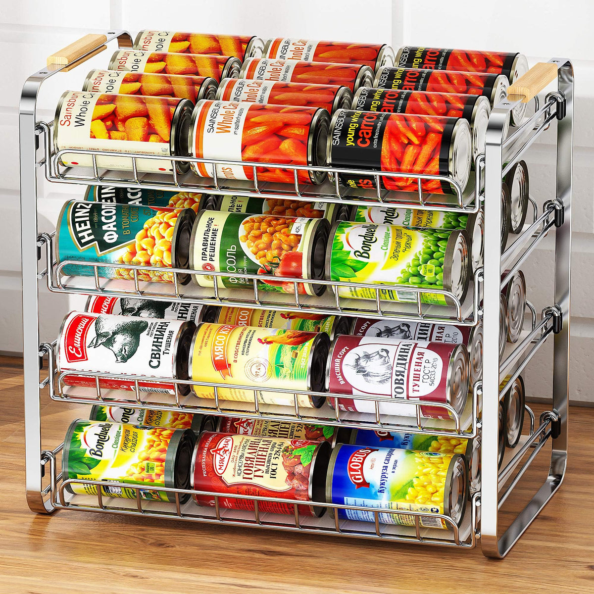 MAXIFFE four-tier can organizer front view for easy pantry access and organization.