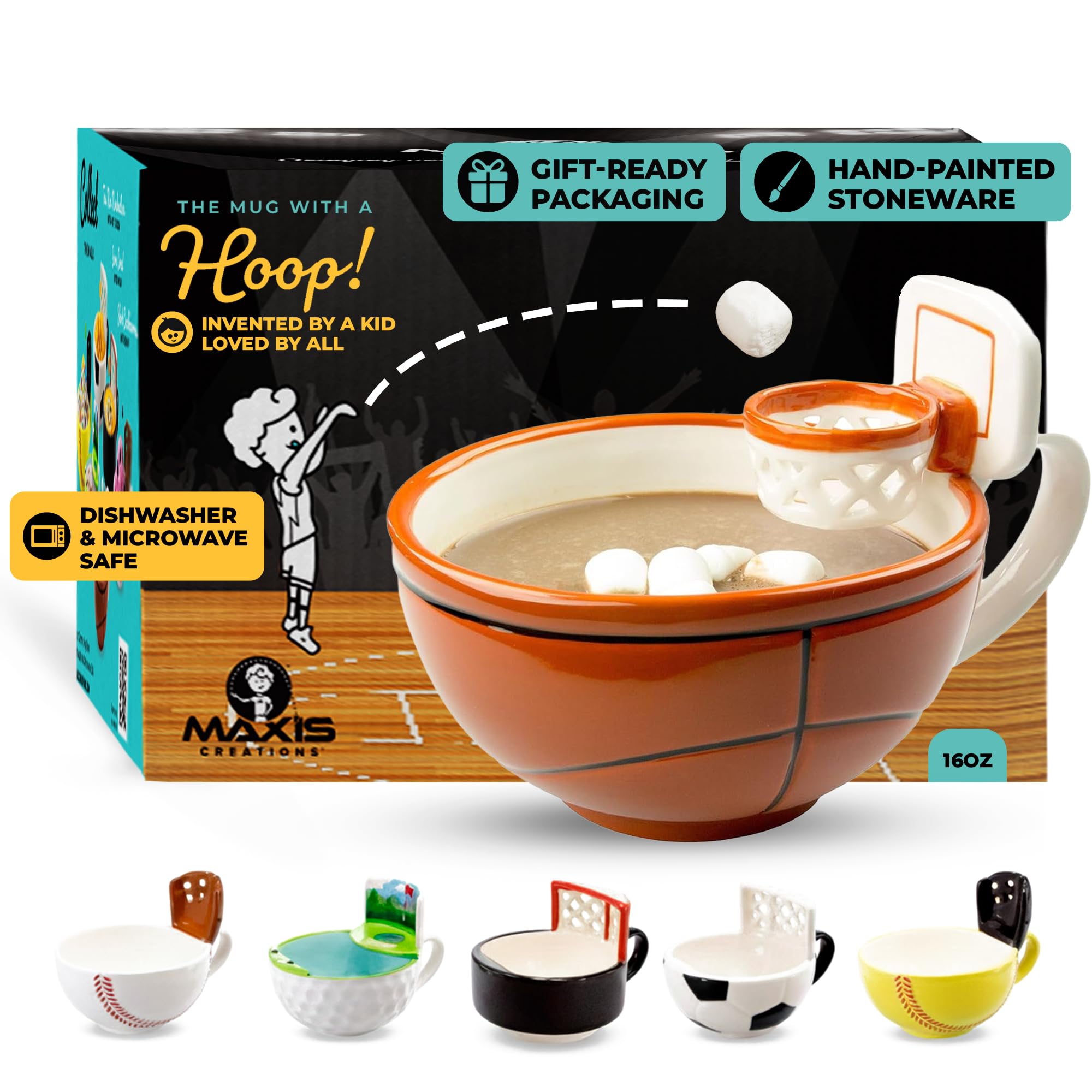 MAX'IS Creations mug with hoop for interactive breakfast and snack-toss.