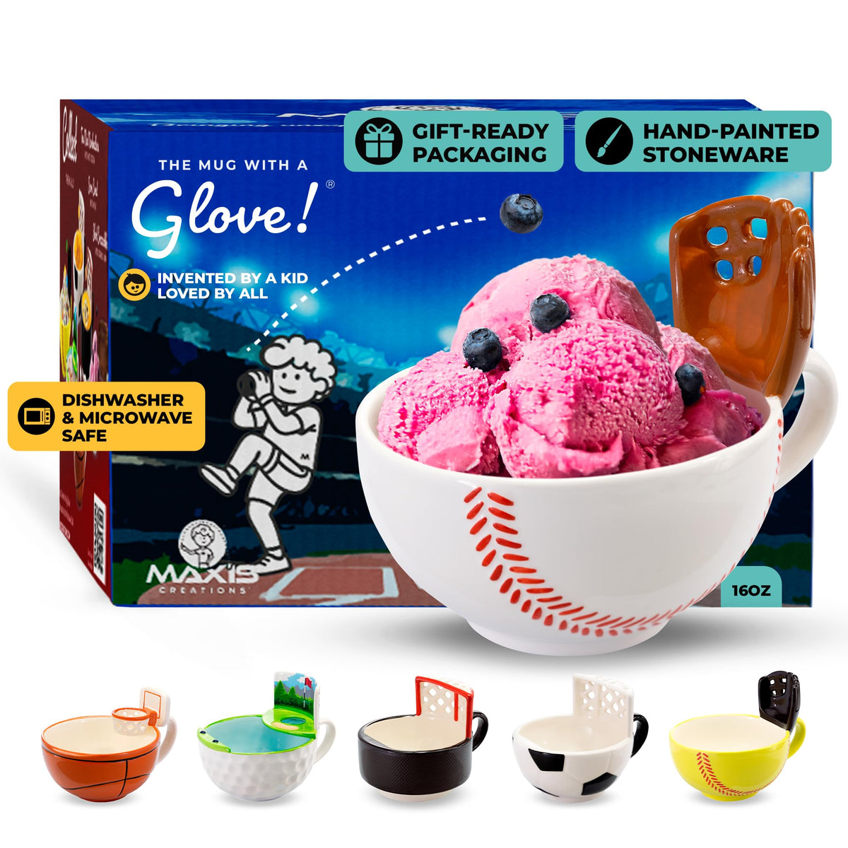 MAX'IS Creations Mug with Glove front view for interactive breakfast and snacks