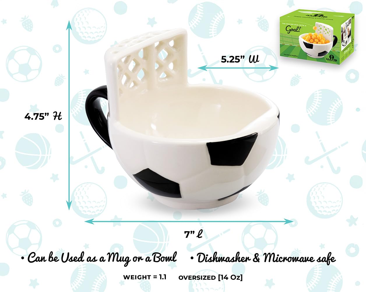 MAX’IS Creations soccer mug goal-shot: kids enjoy snack-toss fun at snack time.