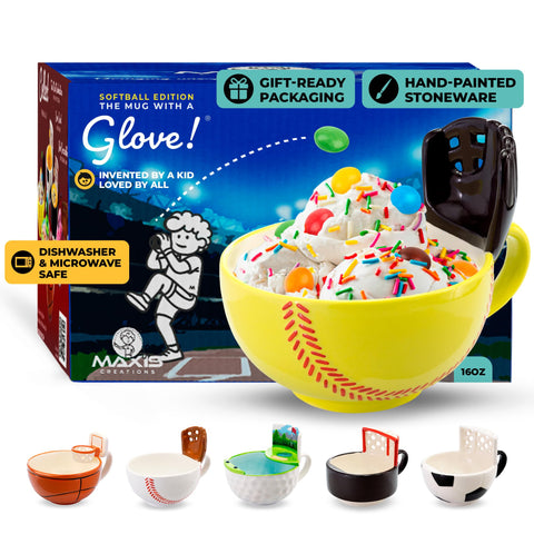 MAX'IS Creations softball mug with glove for playful breakfast and snacks.