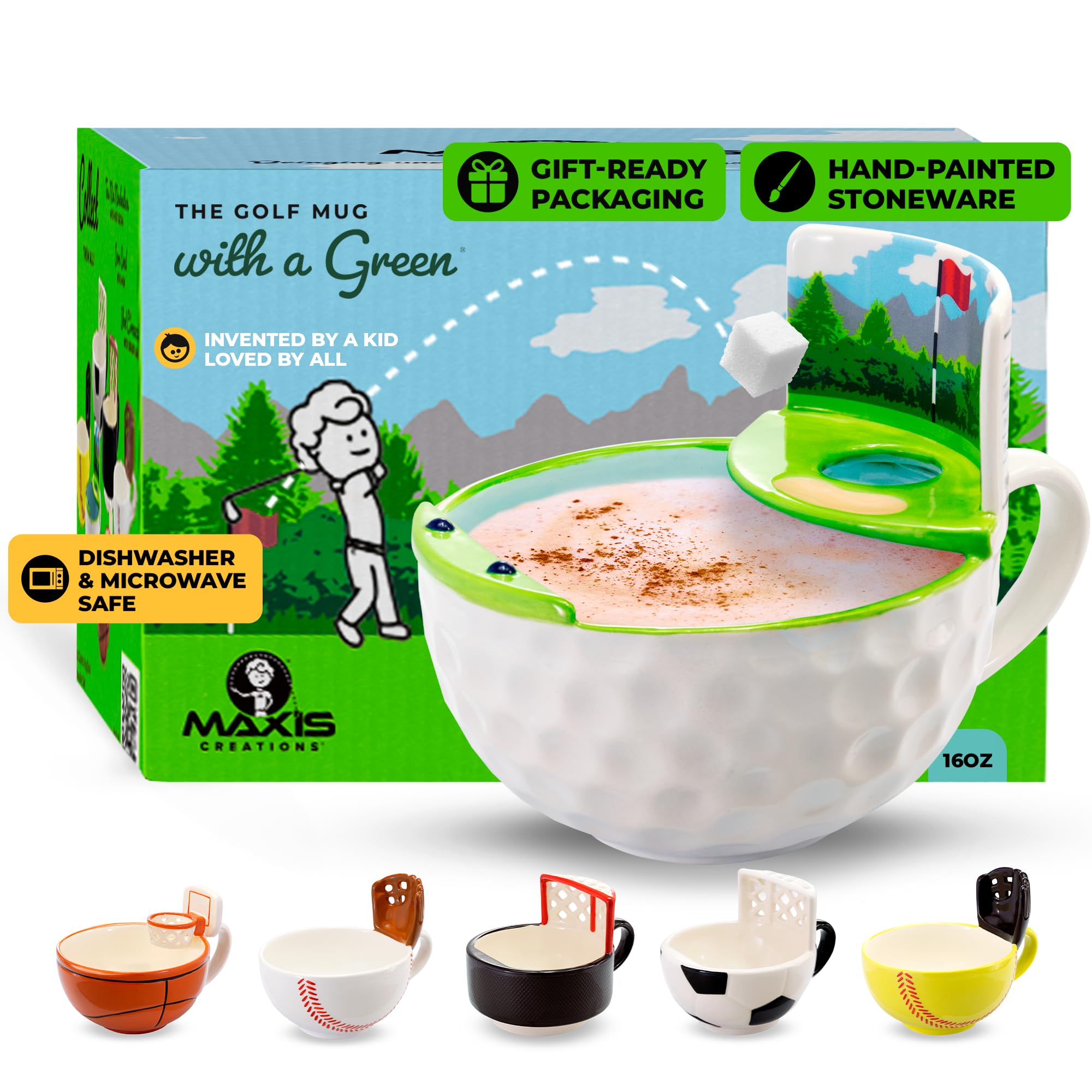 MAX'IS Golf Mug with green hole graphic for playful mornings and snack breaks.