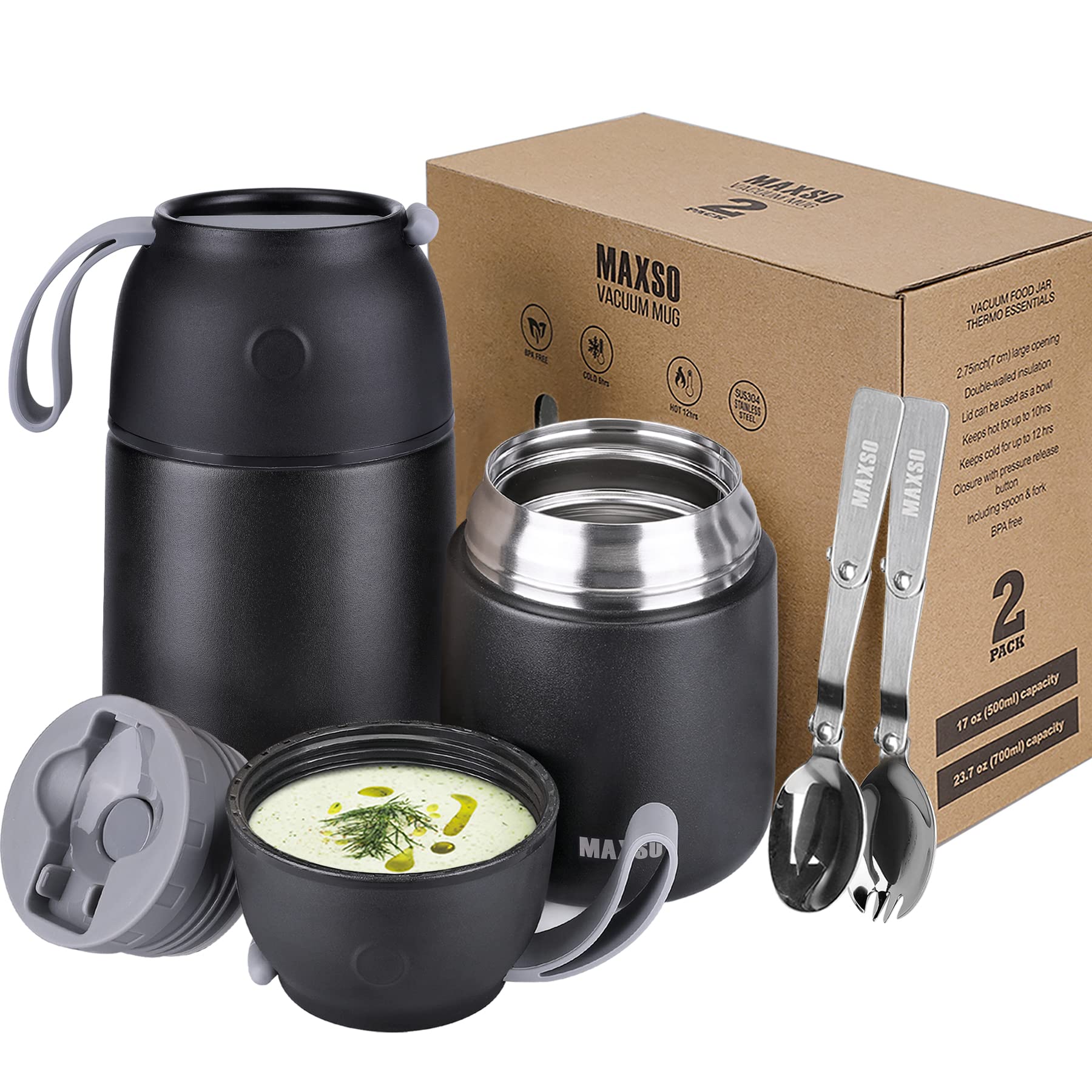 MAXSO 2-pack soup thermo front view shows durable vacuum insulation for hot meals