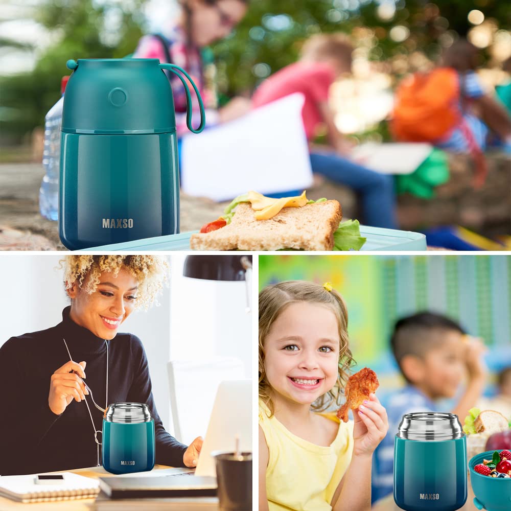 MAXSO Blue-green soup thermo lunch container ideal for school, work, and travel.