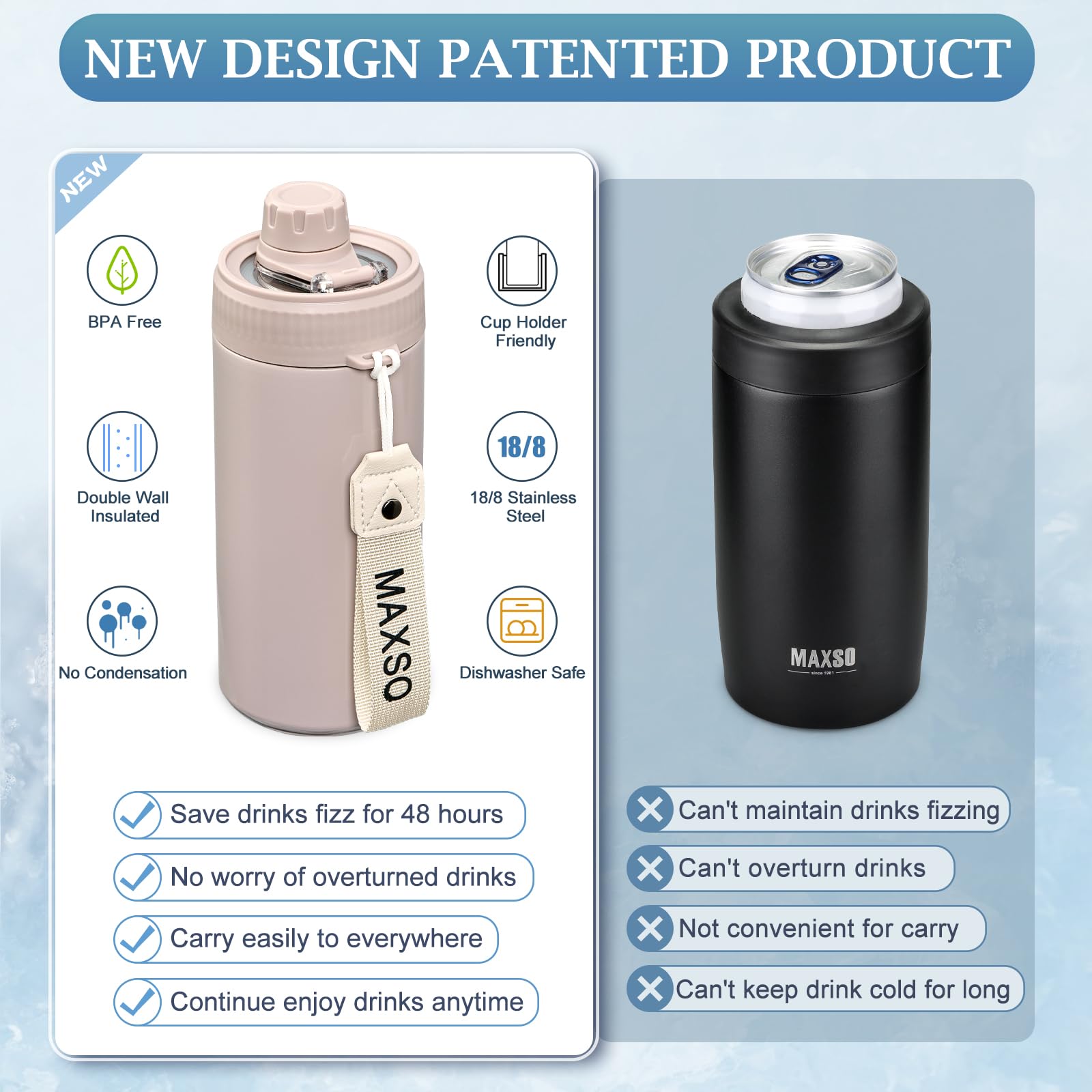 MAXSO Double-wall vacuum insulation keeps drinks cold and comfy to hold
