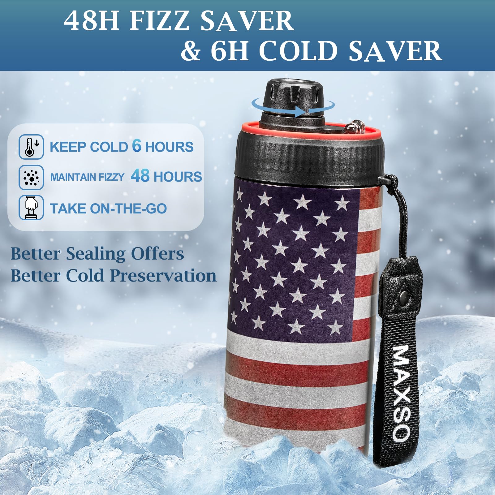 MAXSO Sealed Can Cooler Fizz Lid, no-sweat design keeps hands dry.