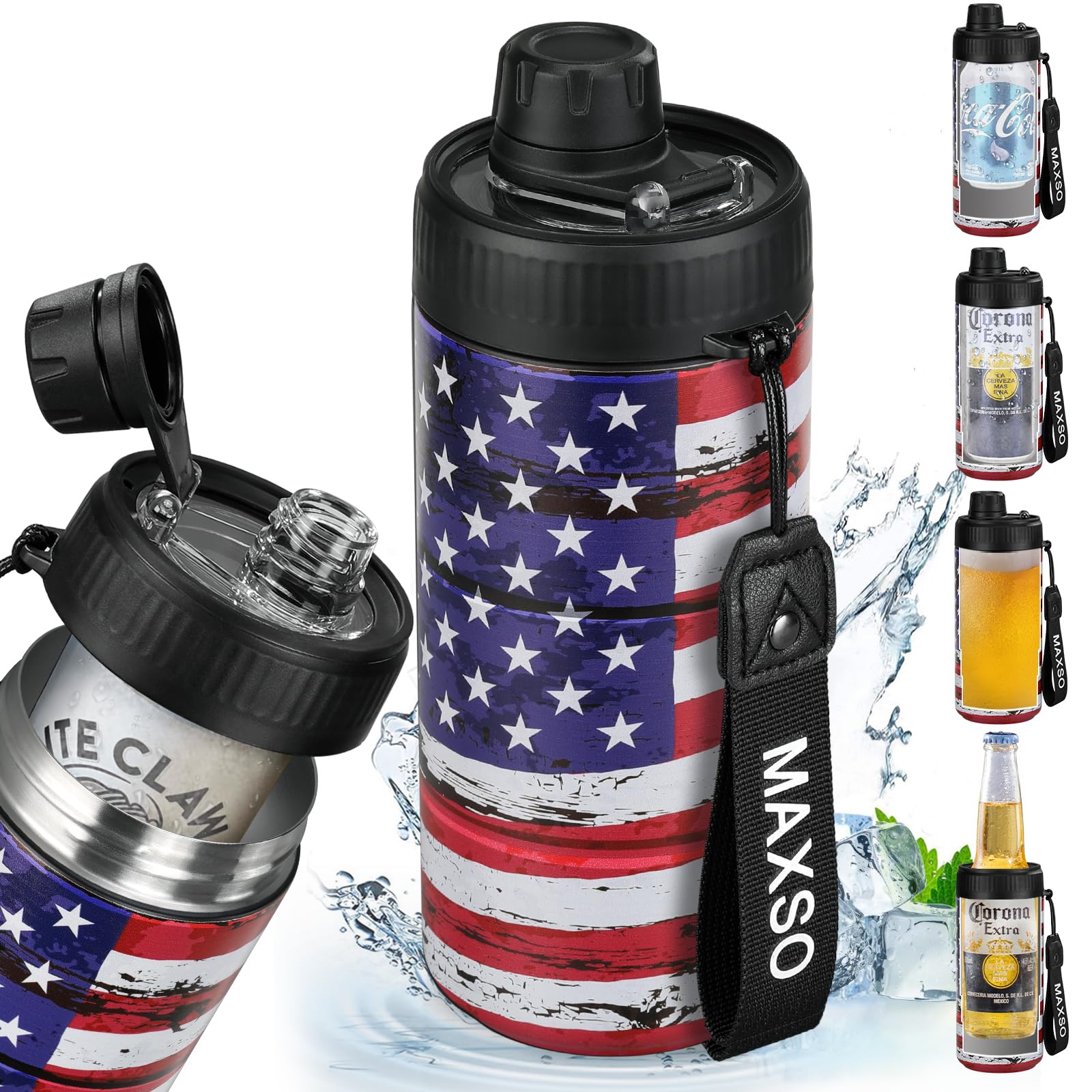 MAXSO Sealed Can Cooler with Fizz Lid keeps 12 oz drinks fizzy and spill-free.